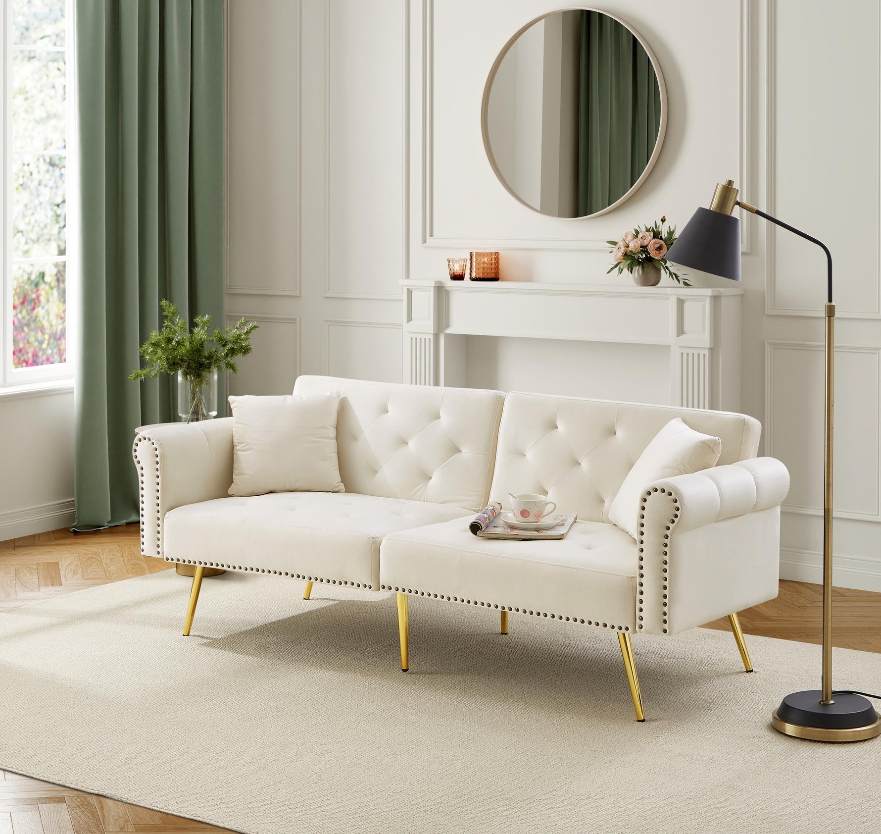 2-Seater Sofa Bed 3-Position Adjustable Back Gold Legs - Velvet