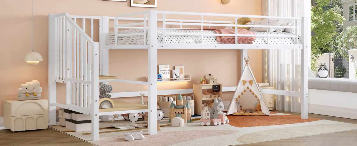 Semi-High Loft Bed 90 x 200 cm with Storage Stairs, White