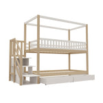 Bunk Bed, 90*200 cm House Shape, Safety Rail, Storage, and Ladder, Solid Wood White/Natural