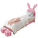 Upholstered Bed with Storage Stools, LED Lighting and Bunny Ears, Pink French Velvet