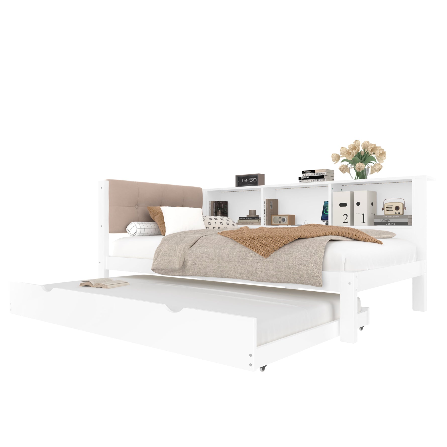 Daybed with Pull-Out Bed, LED Strip, Storage Shelf and USB Port, Pine Wood White