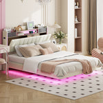 Upholstered Bed 140*200, LED, USB, Storage Headboard, Floating Design, Linen Beige