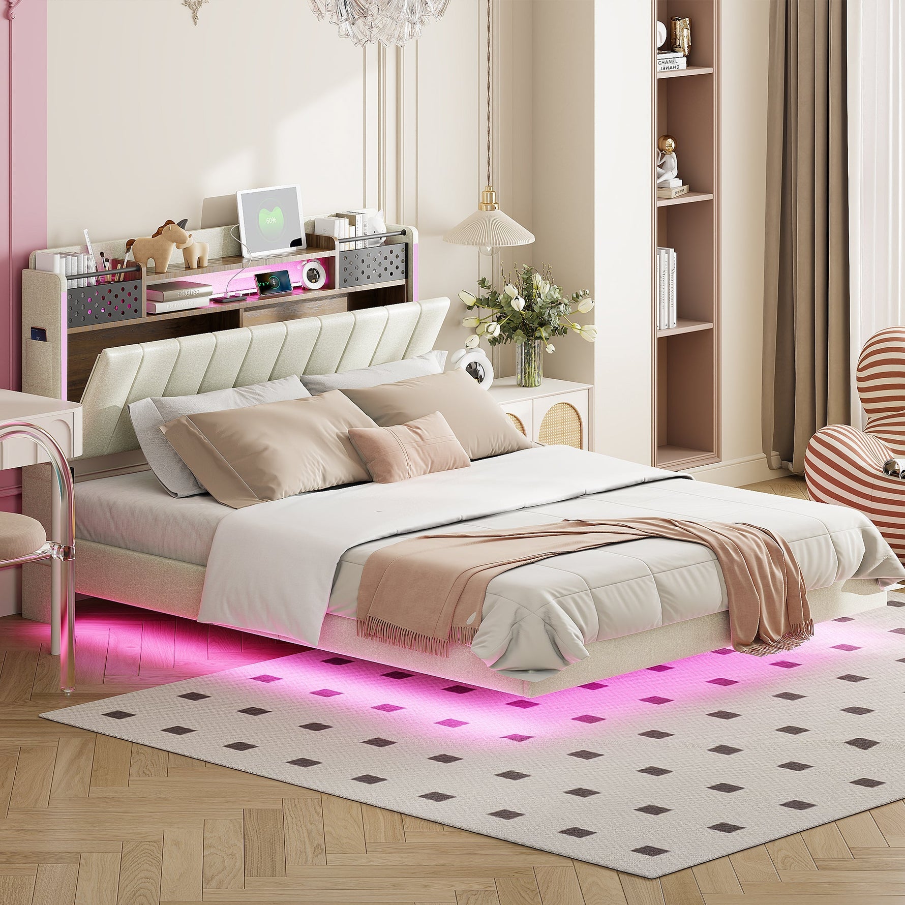 Upholstered Bed 140*200, LED, USB, Storage Headboard, Floating Design, Linen Beige