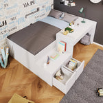 Children's Bed, Solid Wood Single with Desk & Drawers, White