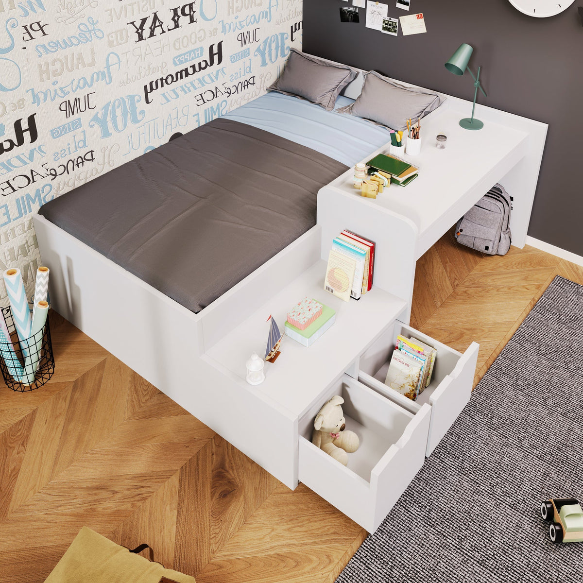 Children's Bed, Solid Wood Single with Desk & Drawers, White