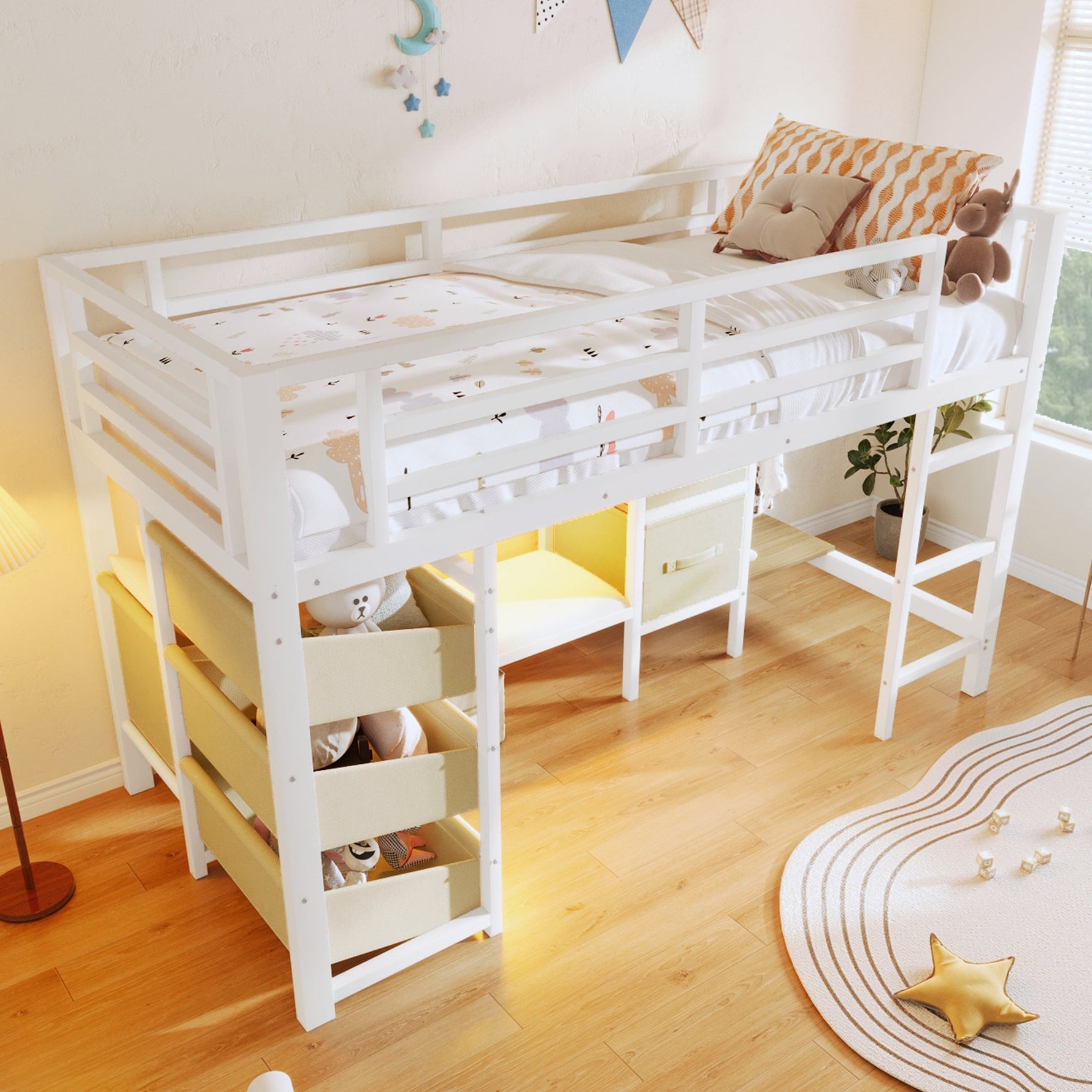 Mid-Height Bed with Storage Drawer and LED Lighting, 90x200 cm, Metal, White