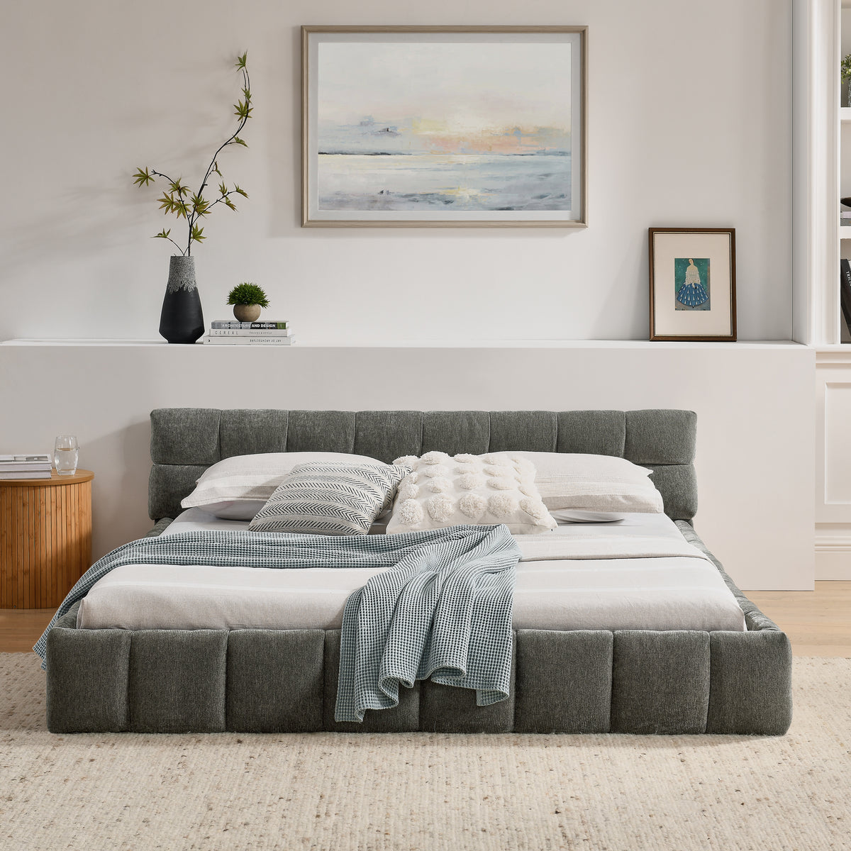 Double Bed 160x200cm Square Quilted, Dark Grey Chenille