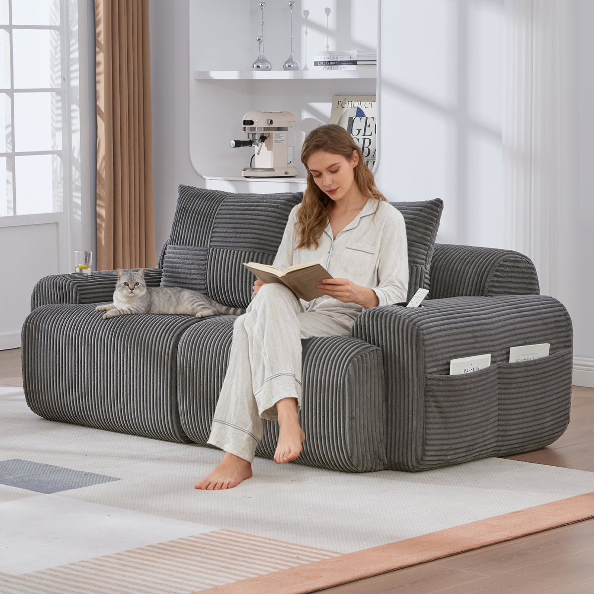 Modular Corduroy 2-Seater Sofa with Cup Holder and Storage Pocket, Dark Grey