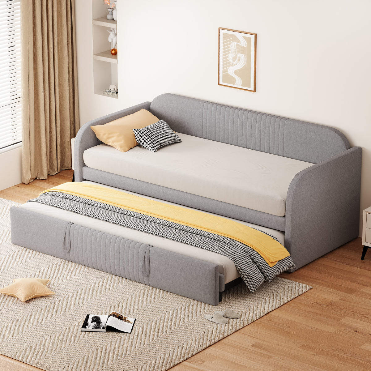Upholstered Extendable Sofa Bed 90/180x190cm, Light Grey Linen