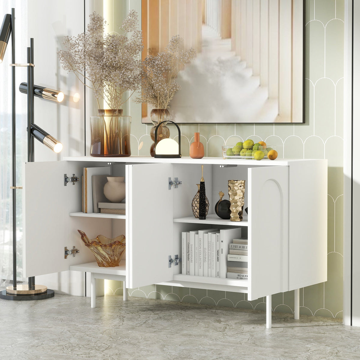 Sideboard, Minimalist Arched Pattern 4-Door, Pure White