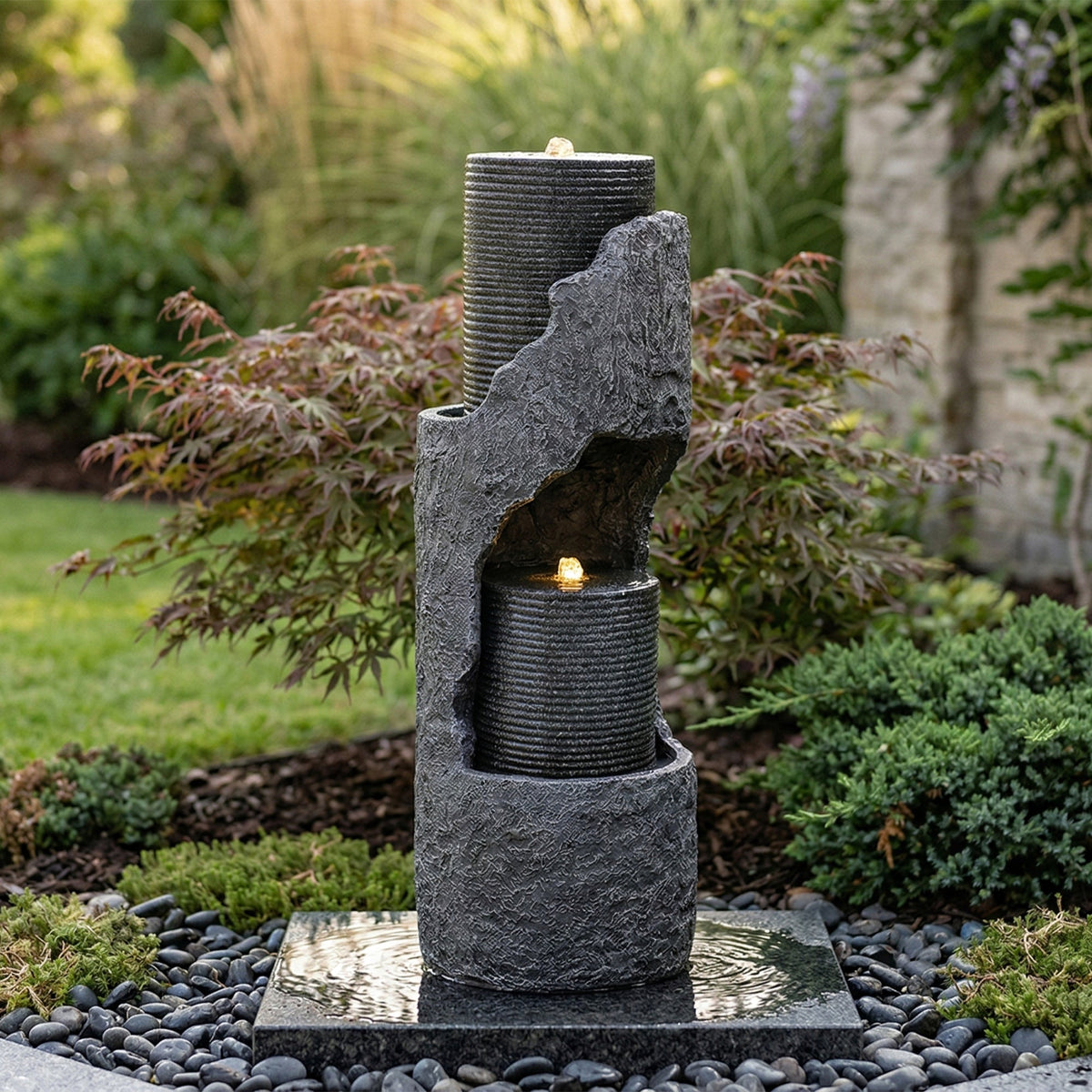 Garden Fountain with LED Lighting, Water Pump and Decorative Basin, Grey Artificial Stone