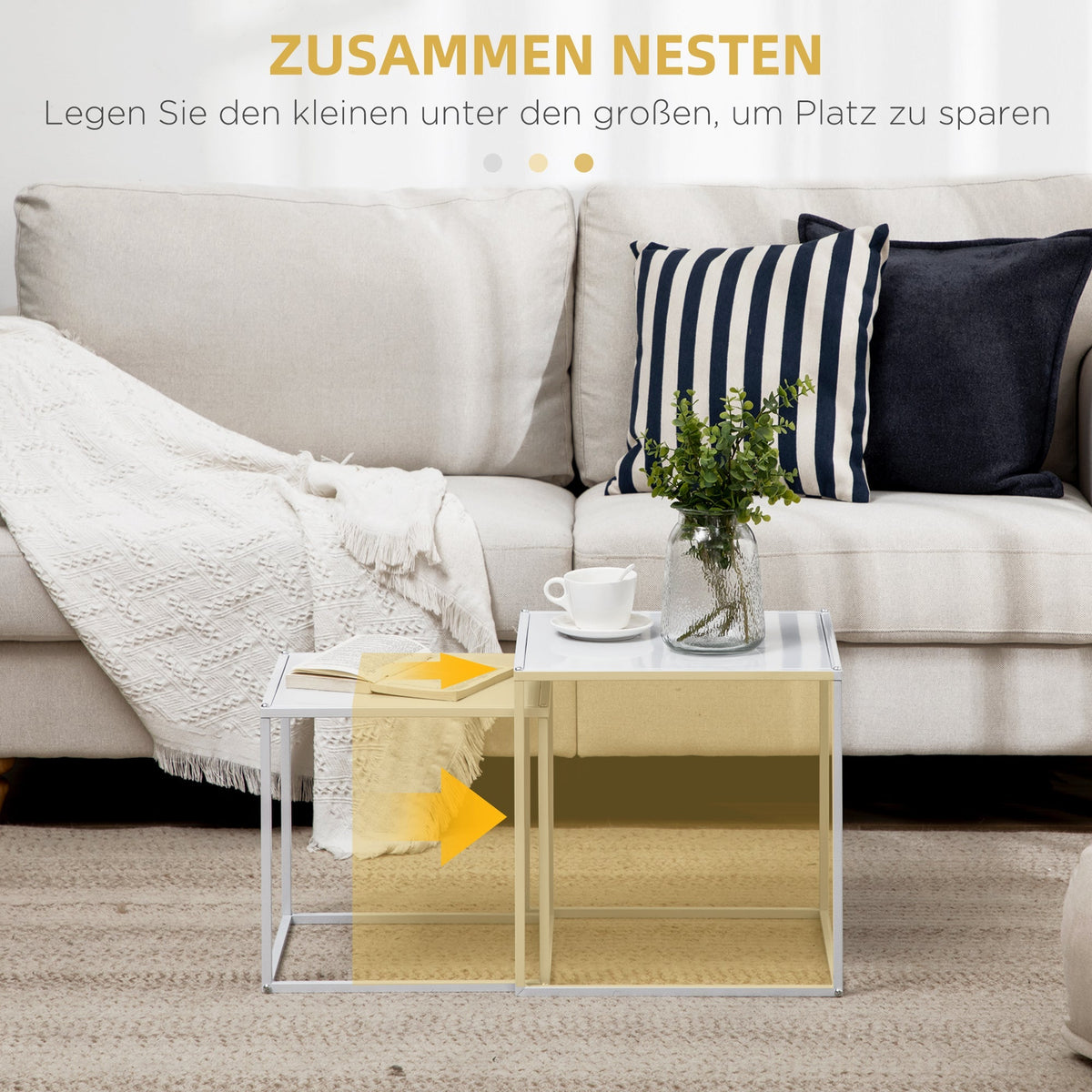 Coffee Tables, Set of 2 Square Side Table with Steel Frame, White