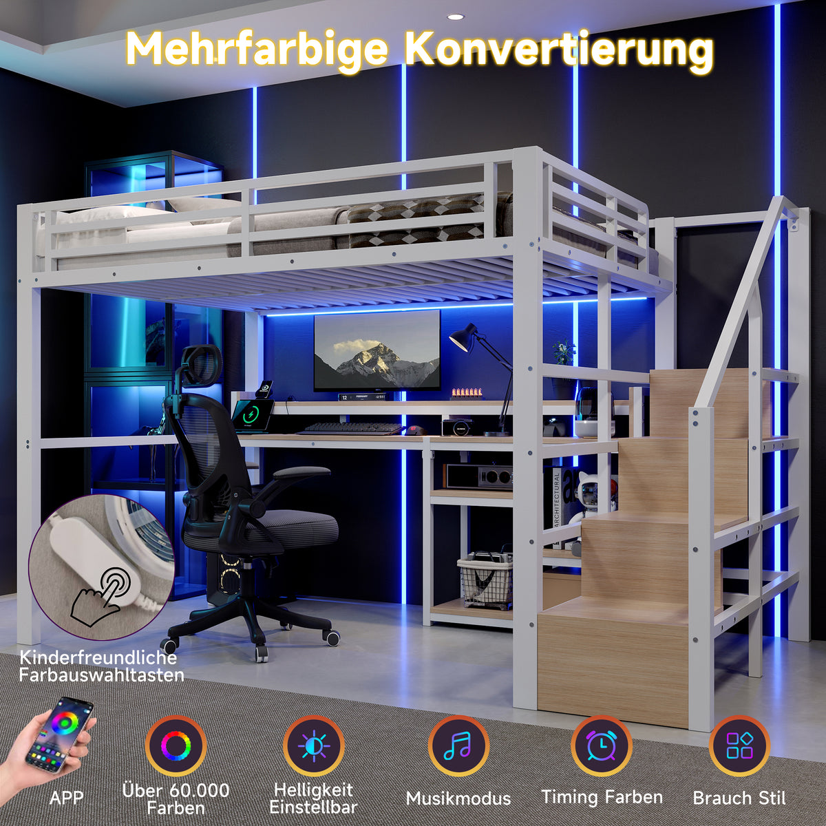 Loft Bed 140x200cm with Ladder Cabinet & LED, White Metal