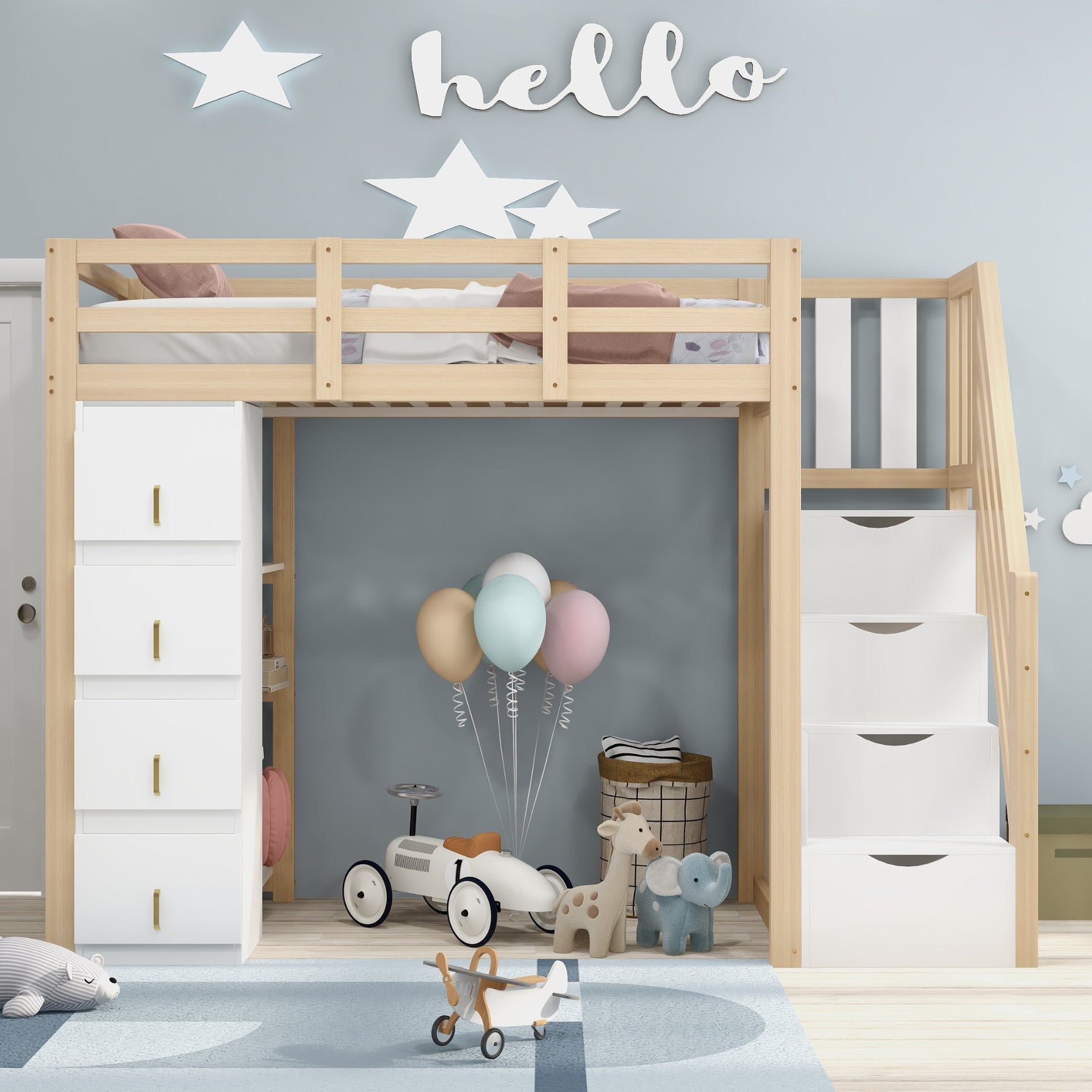 Loft Bed, 90 x 200 cm with Storage & Ladder, Solid Wood