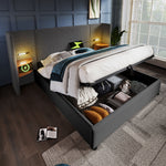 Upholstered Double Bed 160x200, with Bedside Table, Reading Lamp, USB-C, Gray Linen