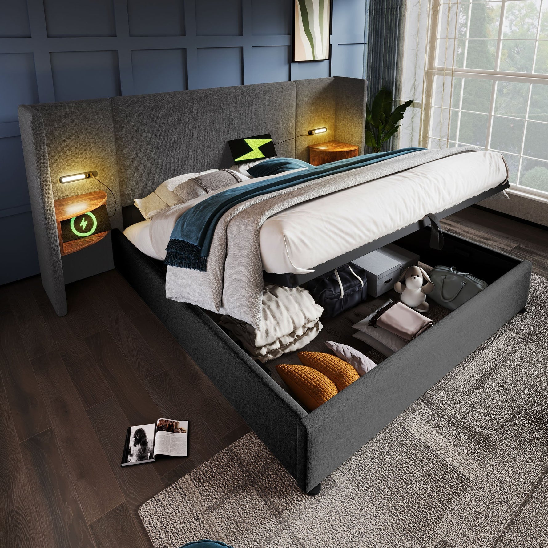 Upholstered Double Bed 160x200, with Bedside Table, Reading Lamp, USB-C, Gray Linen
