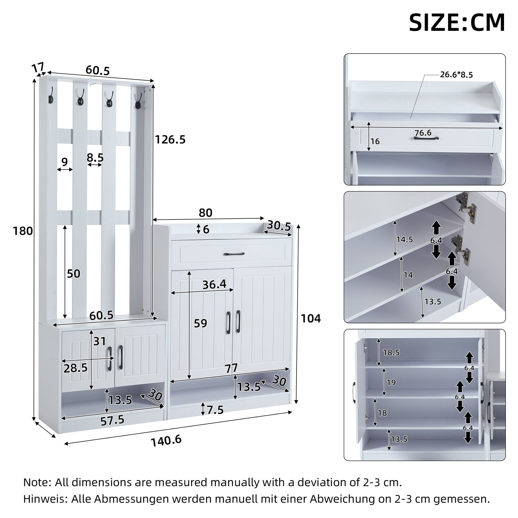 Wardrobe Set 140.6x32x180 cm Hallway Panel Shoe Cabinets, White Matte Finish