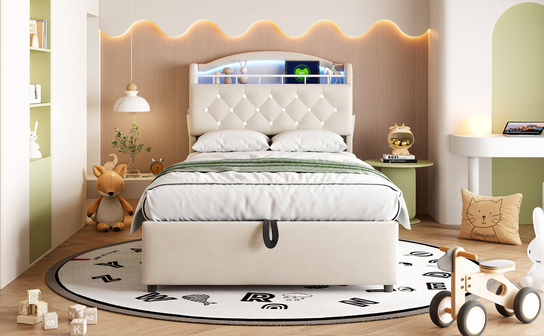 Children's Upholstered Bed 90x200, Multifunctional with Storage, LED & USB, Velvet Beige