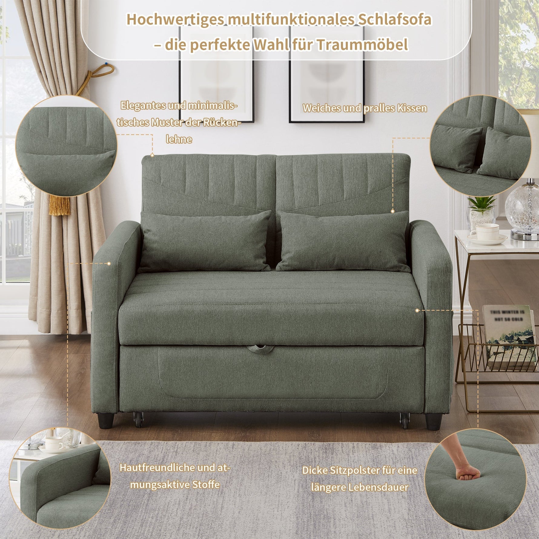 Sofa Bed Two-seater Extendable 3-Position Adjustable Backrest - Cotton-Linen Fabric