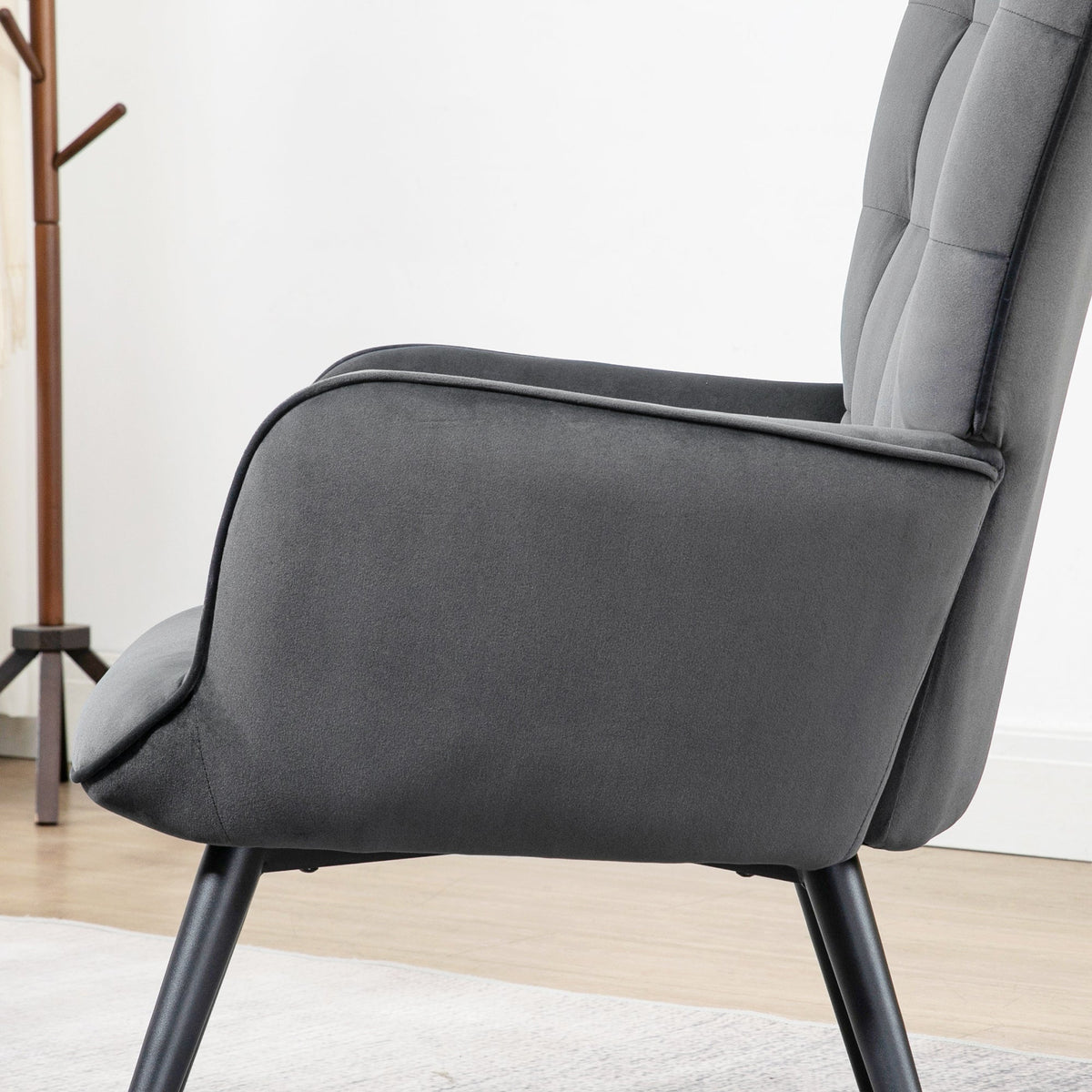 Wingback Chair with Stool, Upholstered Lounge Chair, Dark Grey Velvet