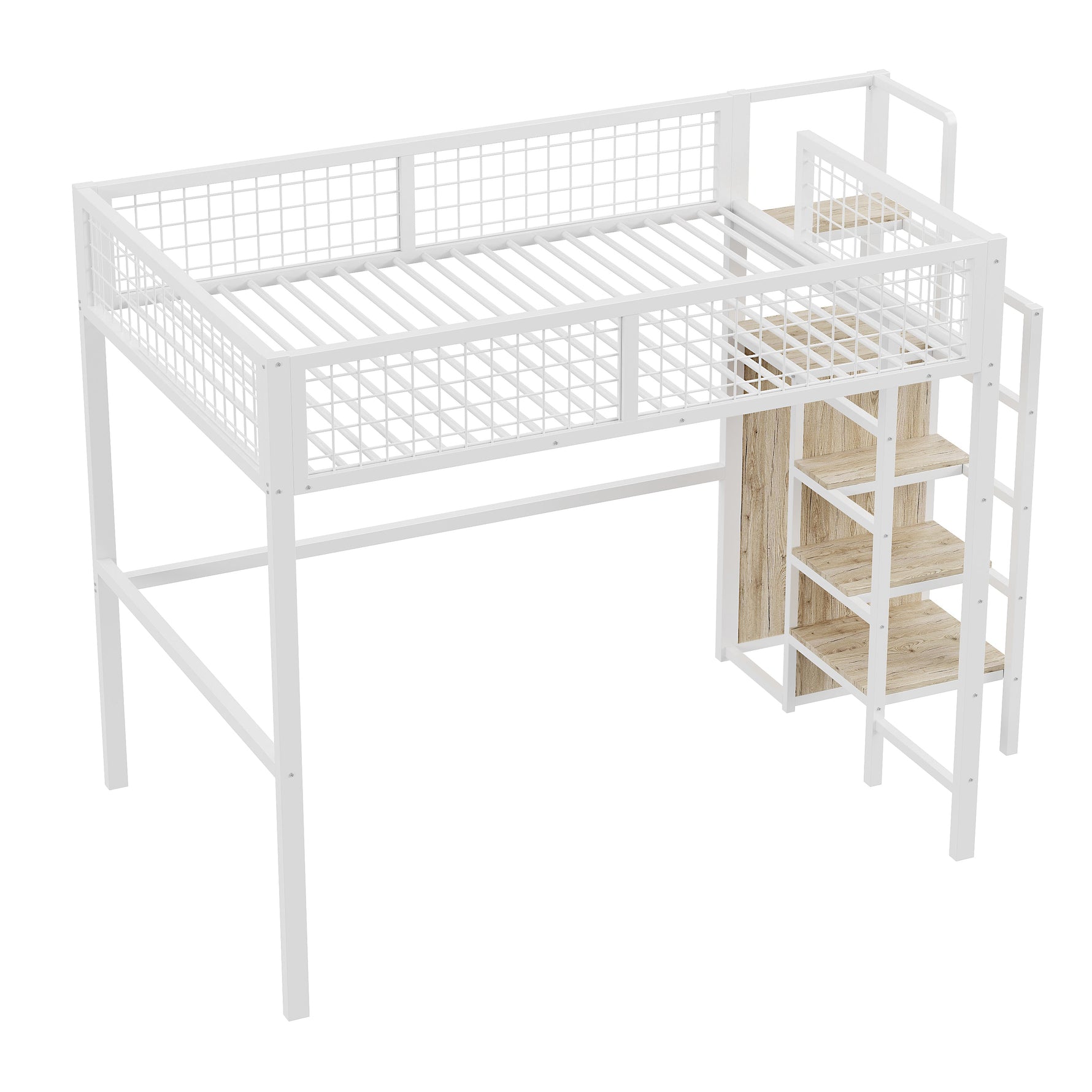Bunk Bed 140x200 Ladder Storage Shelf Wardrobe Iron Frame White