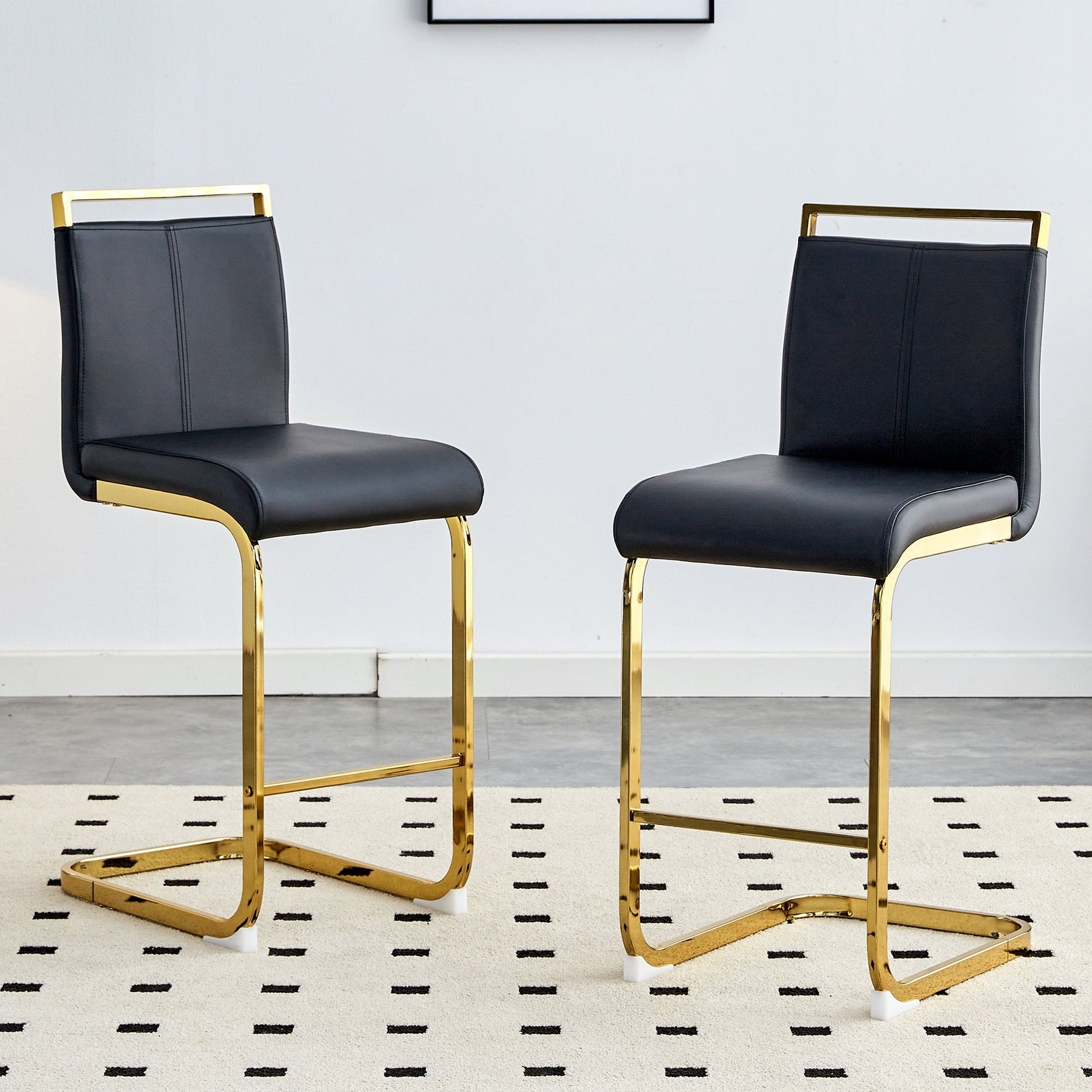 Bar Stools Set of 2 Nordic Style Gold Metal Legs - Black Faux Leather