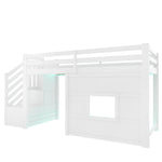 Loft Bed with Storage Stairs and Window, 90x200cm, White Pine Wood + MDF