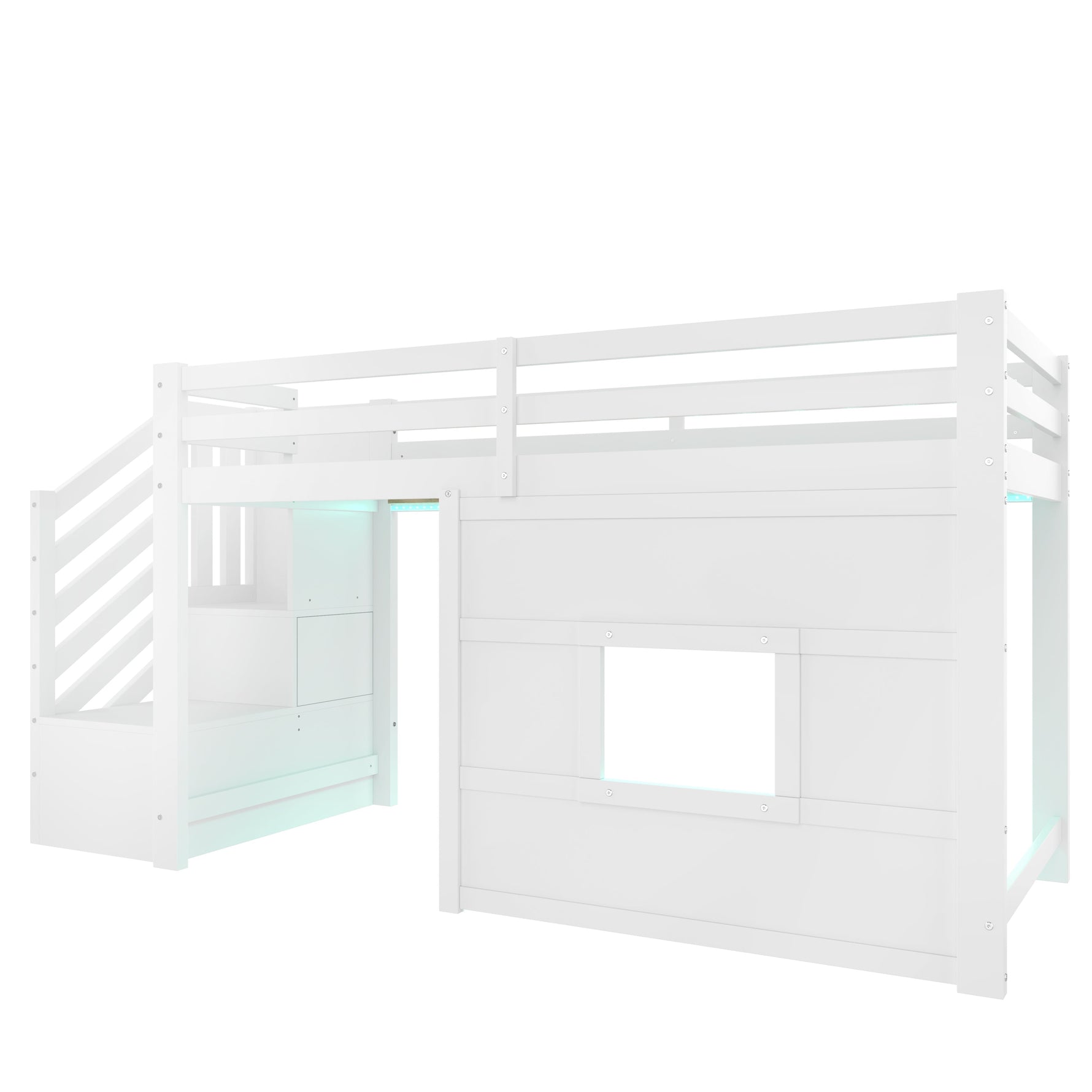 Loft Bed with Storage Stairs and Window, 90x200cm, White Pine Wood + MDF