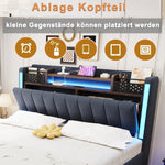 Upholstered Bed, 140x200, LED & USB, Storage Headboard, Floating Design, Grey Linen