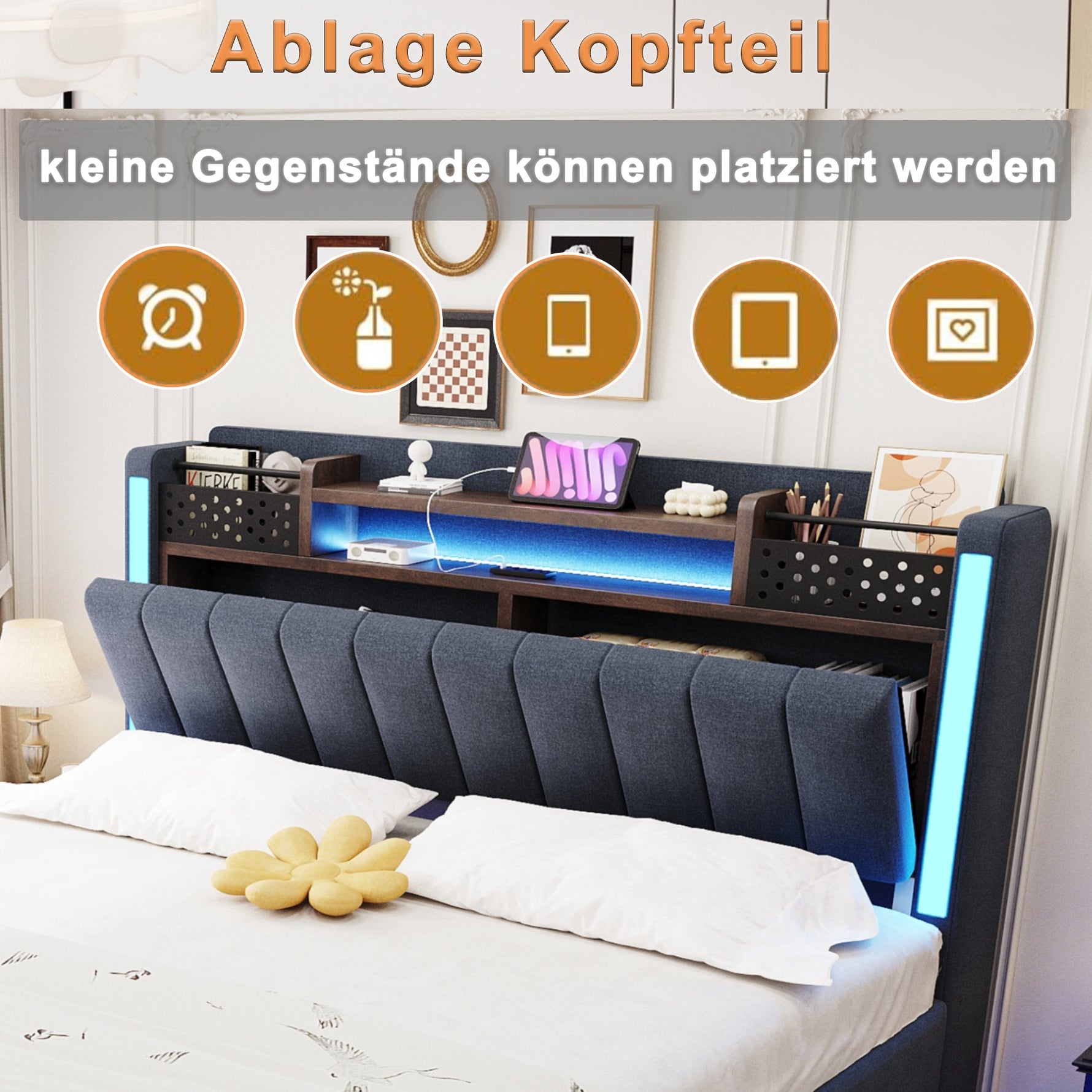 Upholstered Bed, 140x200, LED & USB, Storage Headboard, Floating Design, Grey Linen