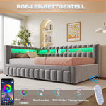 Upholstered Extendable Sofa Bed with LED Lighting, USB Port and Striped Pattern, 90x200cm, Light Grey Velvet