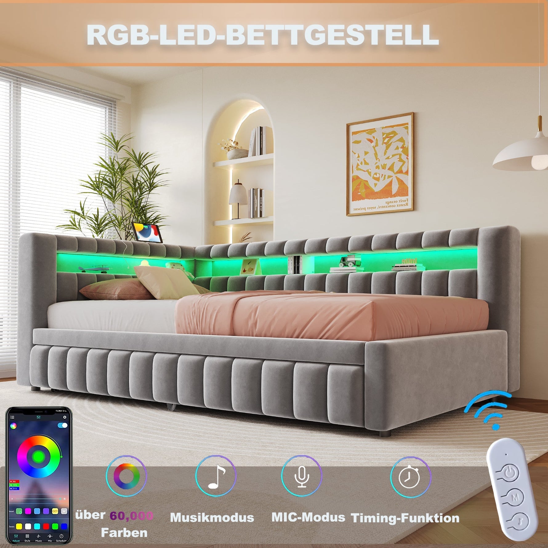 Upholstered Extendable Sofa Bed with LED Lighting, USB Port and Striped Pattern, 90x200cm, Light Grey Velvet