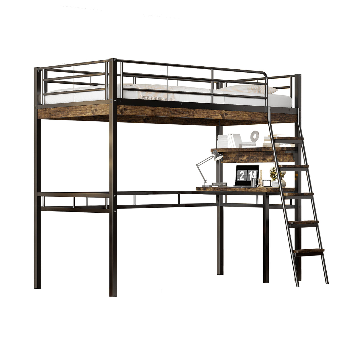 Loft Bed 90x200cm with Desk and Shelves, Black Iron