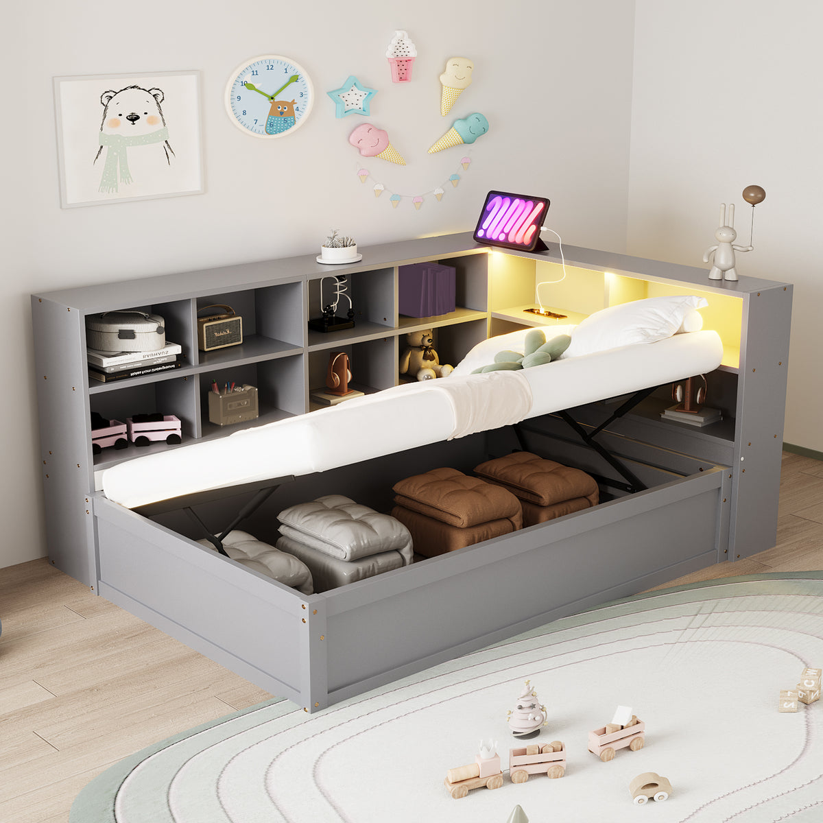 Multifunctional Sofa Bed 90x200 with Storage & Light Strip, Grey