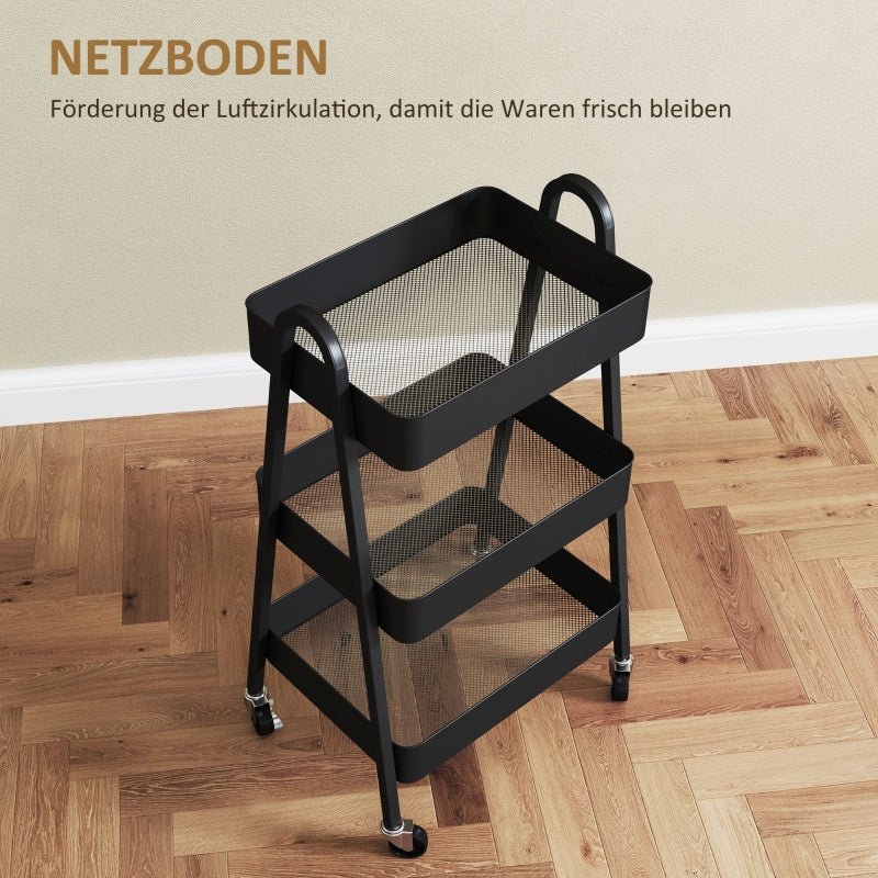 Serving Cart with 3 Levels, Wheels & Brake, Black