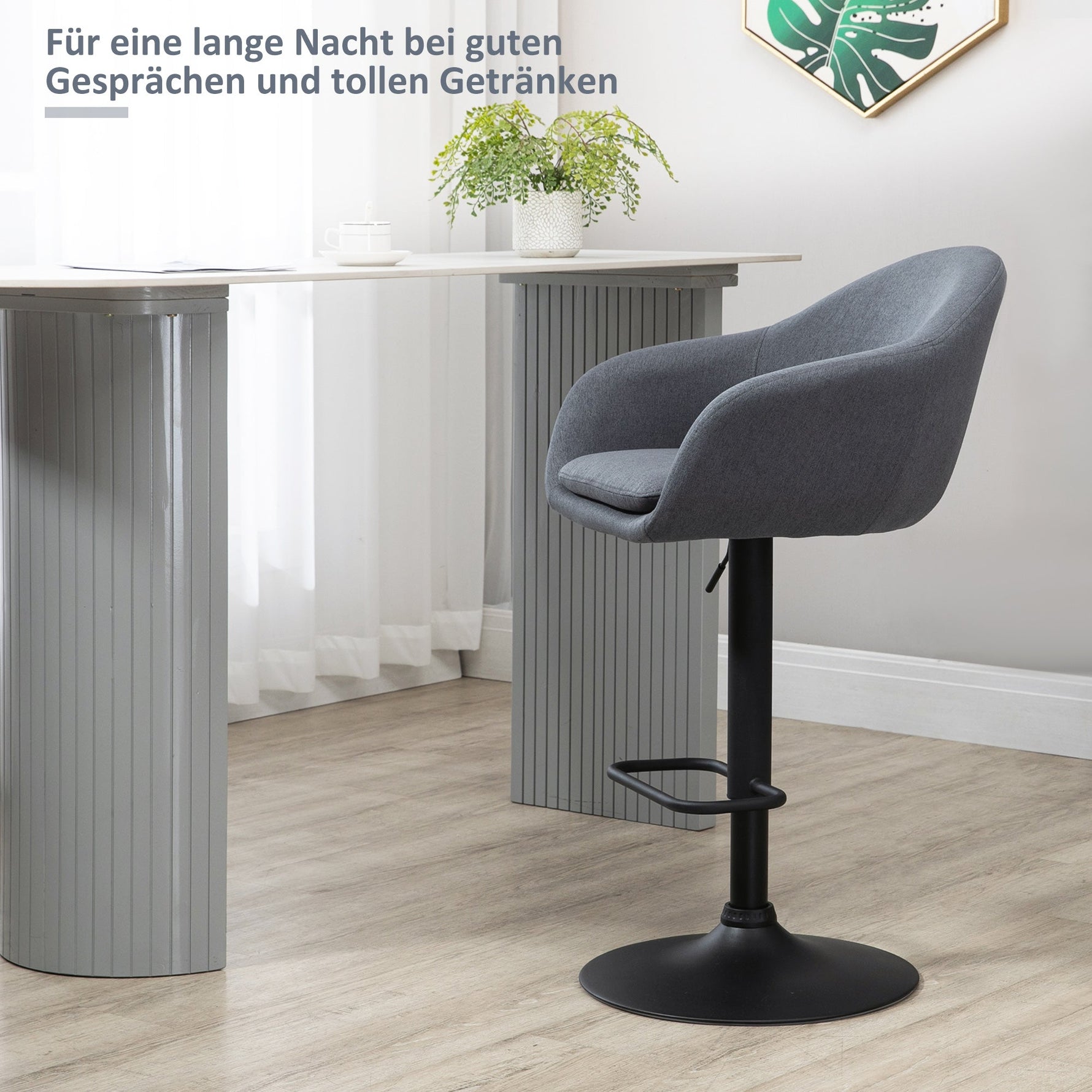 Bar Stool, Height-Adjustable with Backrest and Footrest, Grey Linen Look