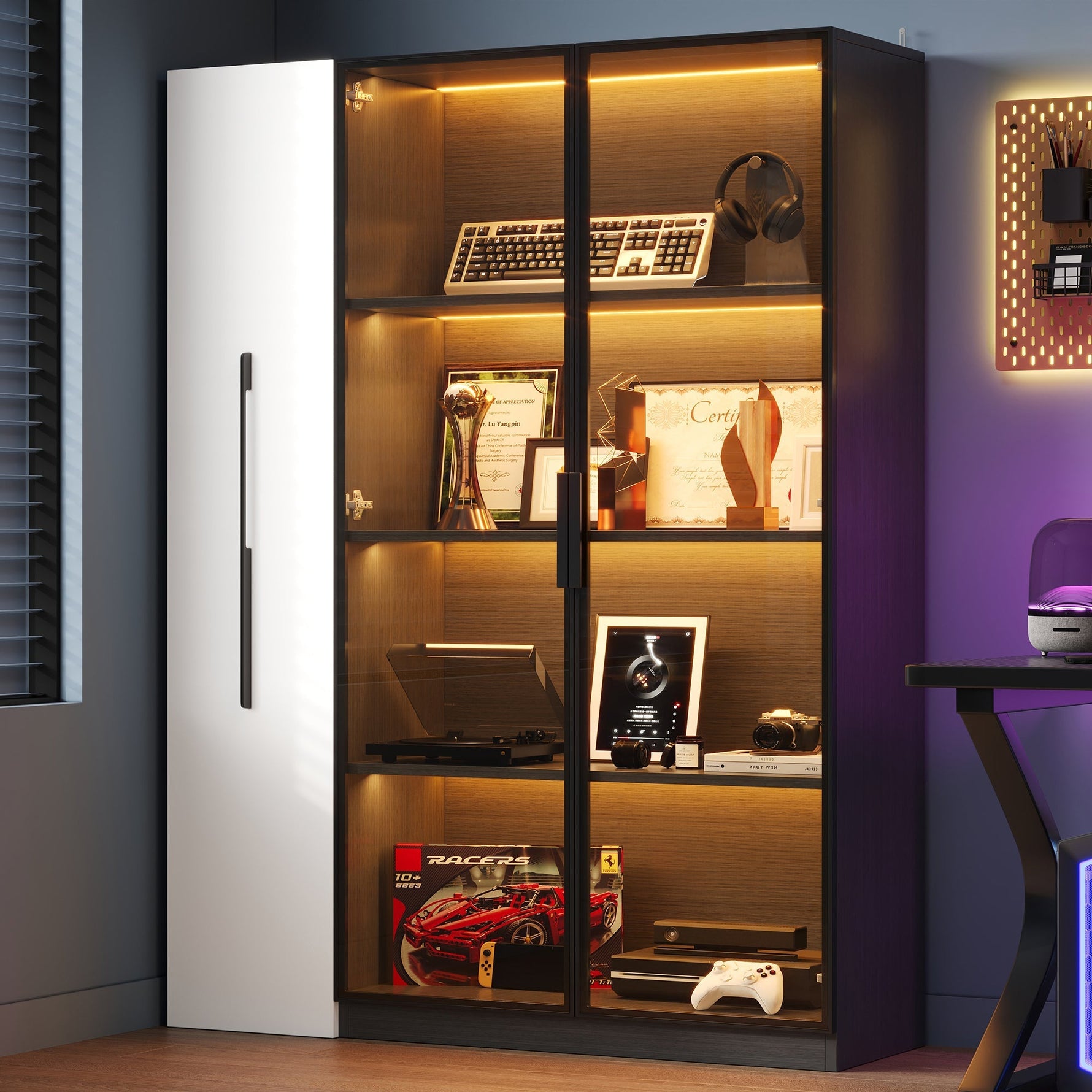 Multifunctional Cabinet 110.5x35x160cm LED Glass Door Pull-out Drawer Rolling - White/Black