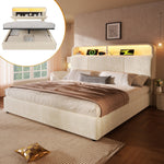 Upholstered Double Bed with Hydraulic Storage, LED, and USB Charging, 140x190cm, Beige Velvet