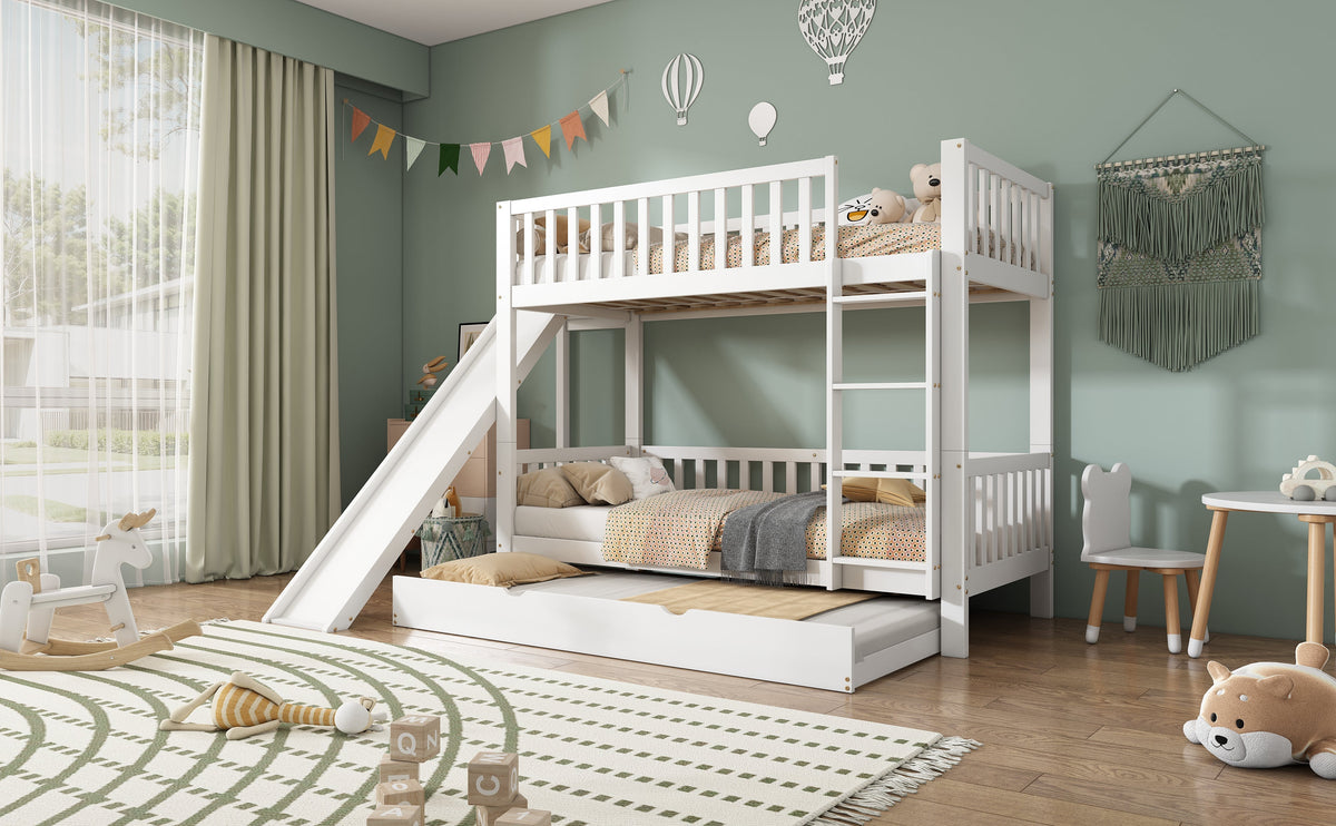 Bunk Bed with Trundle, Slide & Shelves, Pine + MDF White