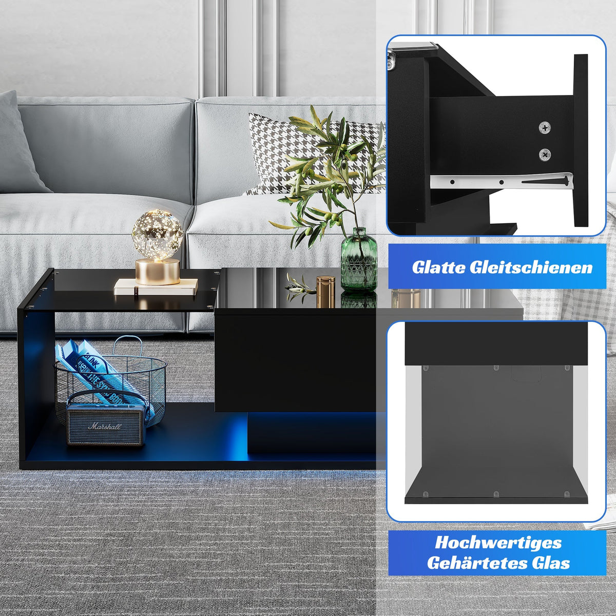 High-gloss Black Coffee Table with Glass Top & Drawers