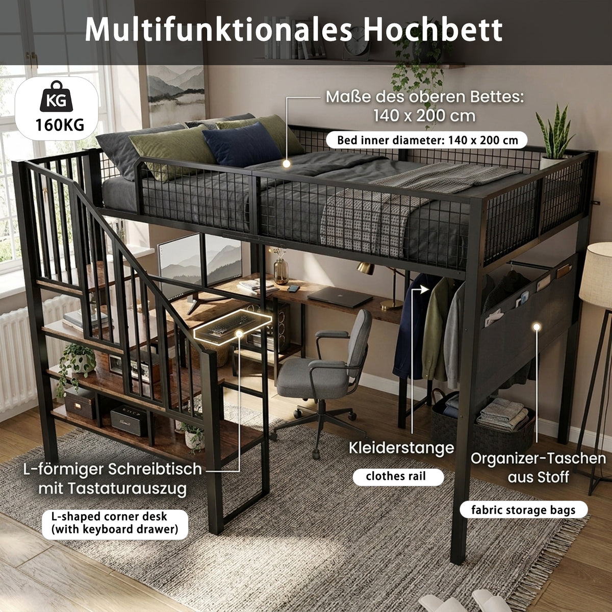 Loft Bed 140x200 cm with Corner Desk & Stairs, Black Metal