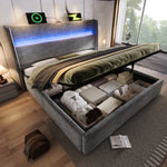 Hydraulic Double Bed 160x200 with LED, Storage & USB, Grey Linen