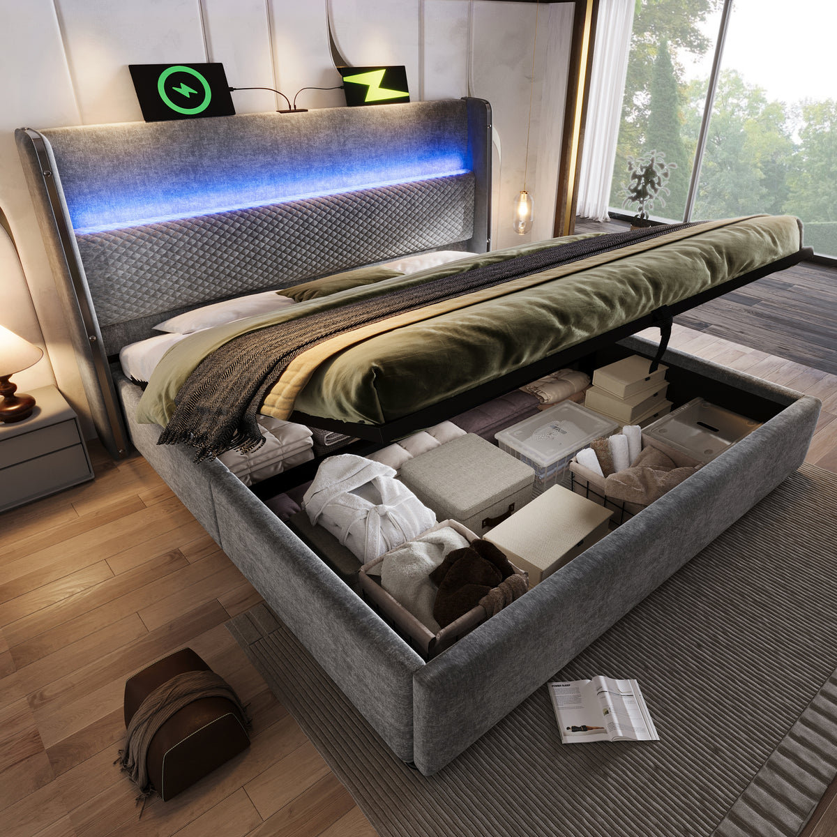 Hydraulic Double Bed 160x200 with LED, Storage & USB, Grey Linen