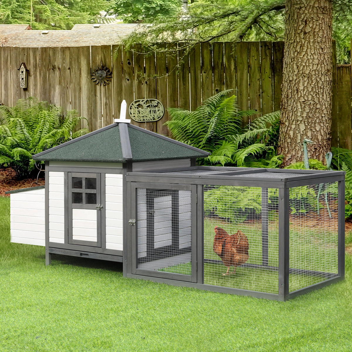 Bantam Chicken Coop with Run, Perches, Nesting Box, Pinewood, Grey+White