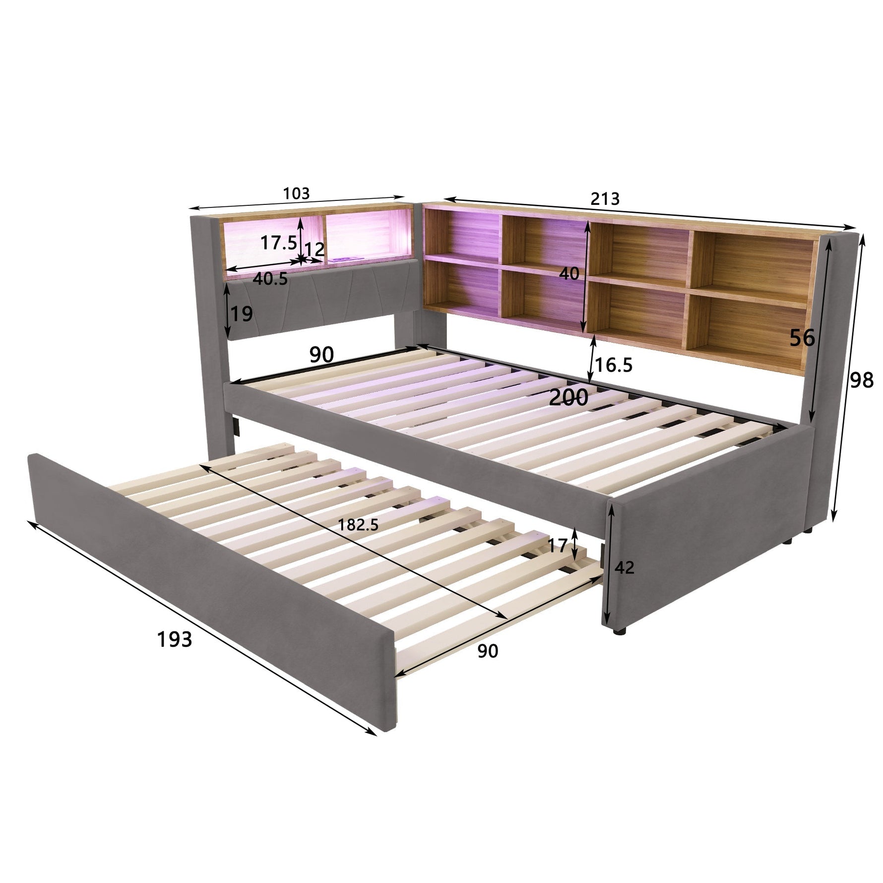 Sofa Bed 90x200 Pull-out LED Storage Flannel Dark Grey