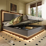 Double Upholstered Bed 140x190 with Storage & LED, Linen Grey & Walnut