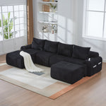Modular 4-Seater Sofa with 2 Ottomans, Cup Holders and Storage, Black Corduroy