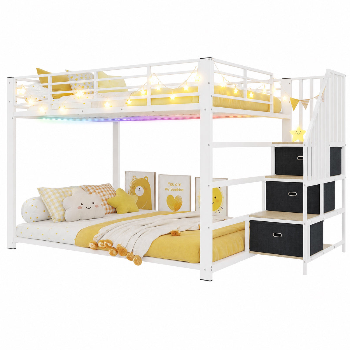 Bunk Bed 140x200 cm with Stairs, Storage & LED Light, White Metal