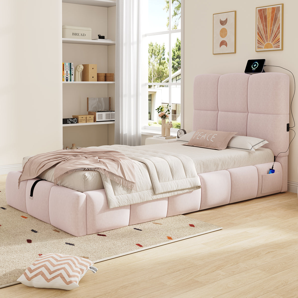 Upholstered Bed 90x200cm with Storage & USB Port, Pink Velvet