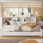 Daybed with Pull-Out Bed, LED Strip, Storage Shelf and USB Port, Pine Wood White